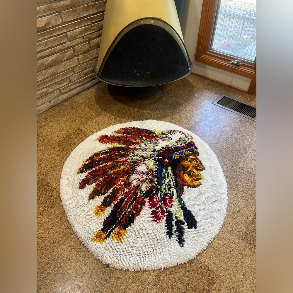 Vintage 70s Latch Hook Area Rug Native American